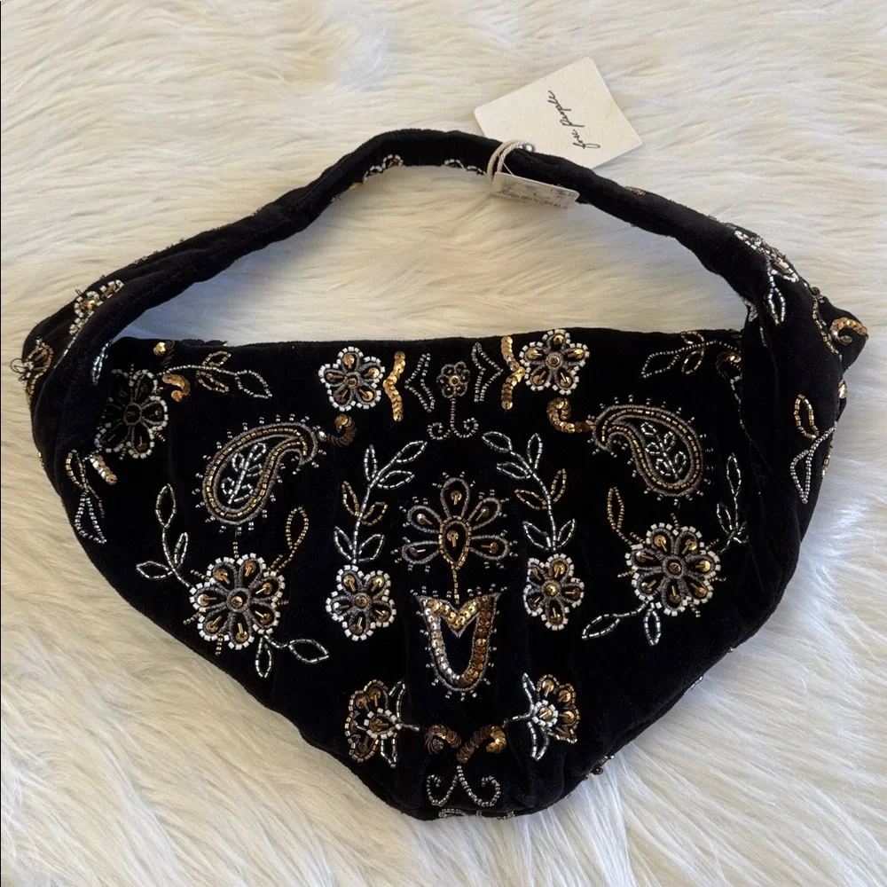 Free People Nashville Nights Beaded Black Velvet Shoulder Bag - Picture 10 of 12